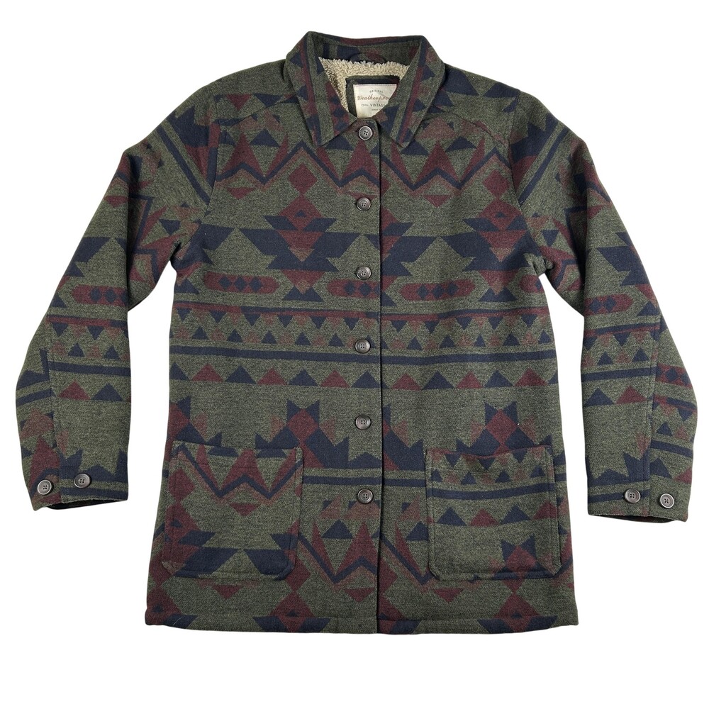 Weatherproof Vintage Knit Jacket Mens Large Green Aztec Sherpa Lined Overcoat